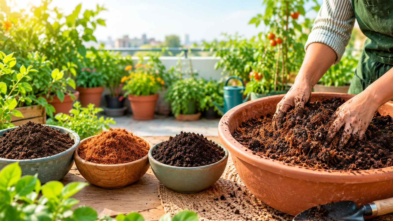 Learn Vanam's simple 2:1:1 soil mix for terrace gardening using garden soil, cocopeat and vermicompost for healthy roots and plants.